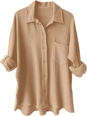 Womens Short Sleeve Linen Shirt Casual Round Neck Oversized T Shirts Button Up Loose Fit Summer Tee Tops