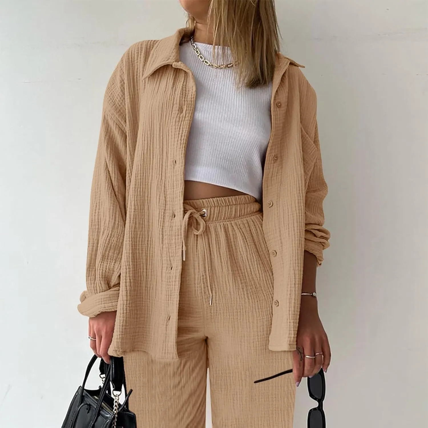 Womens Short Sleeve Linen Shirt Casual Round Neck Oversized T Shirts Button Up Loose Fit Summer Tee Tops