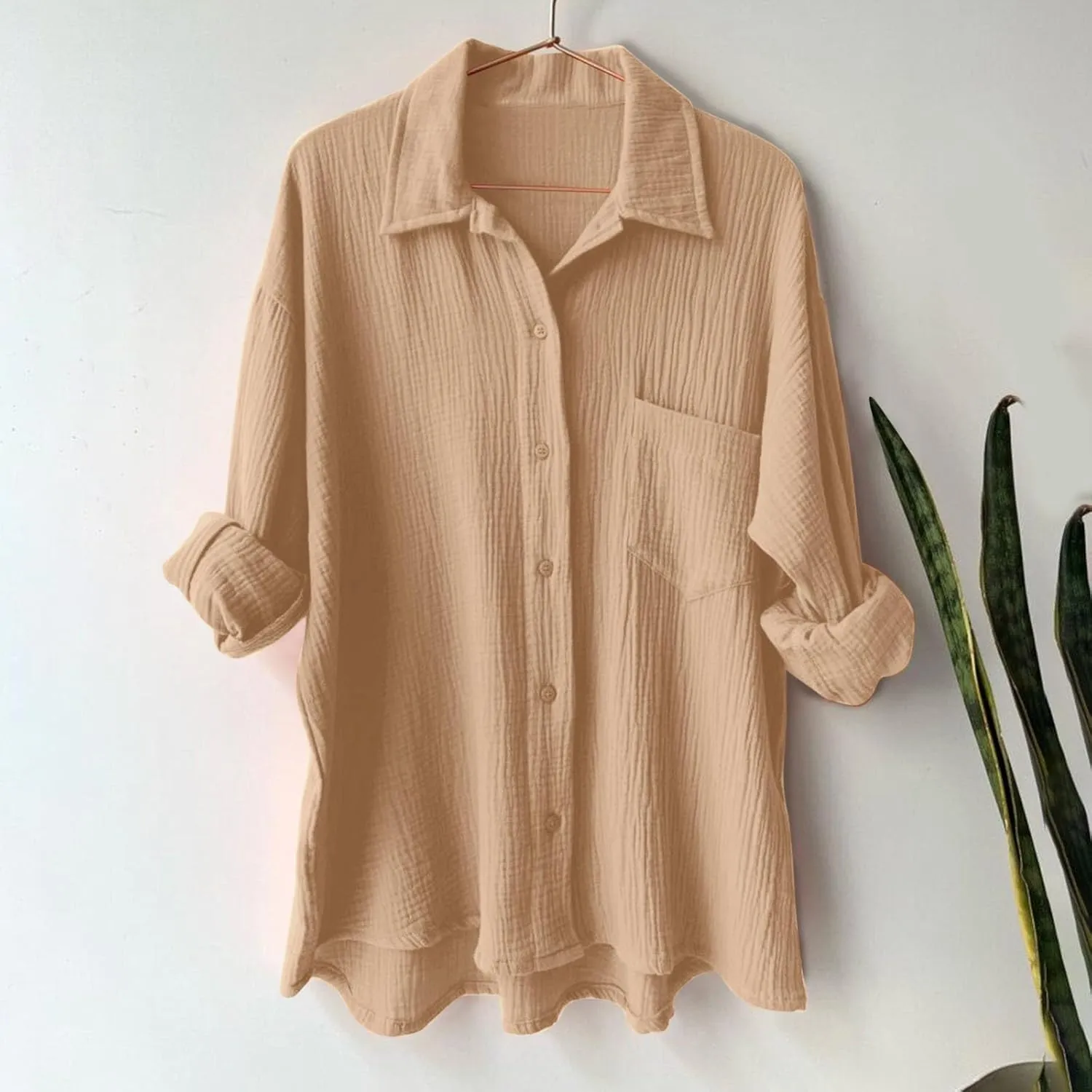 Womens Short Sleeve Linen Shirt Casual Round Neck Oversized T Shirts Button Up Loose Fit Summer Tee Tops