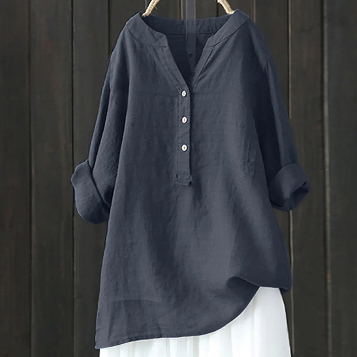 Women's Short Sleeve Linen Shirts Casual Crew Neck Lightweight T-Shirts Button Loose Fit Summer Tee Top