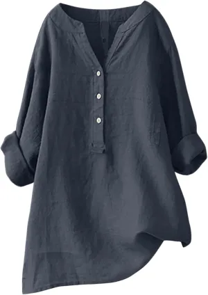 Women's Short Sleeve Linen Shirts Casual Crew Neck Lightweight T-Shirts Button Loose Fit Summer Tee Top