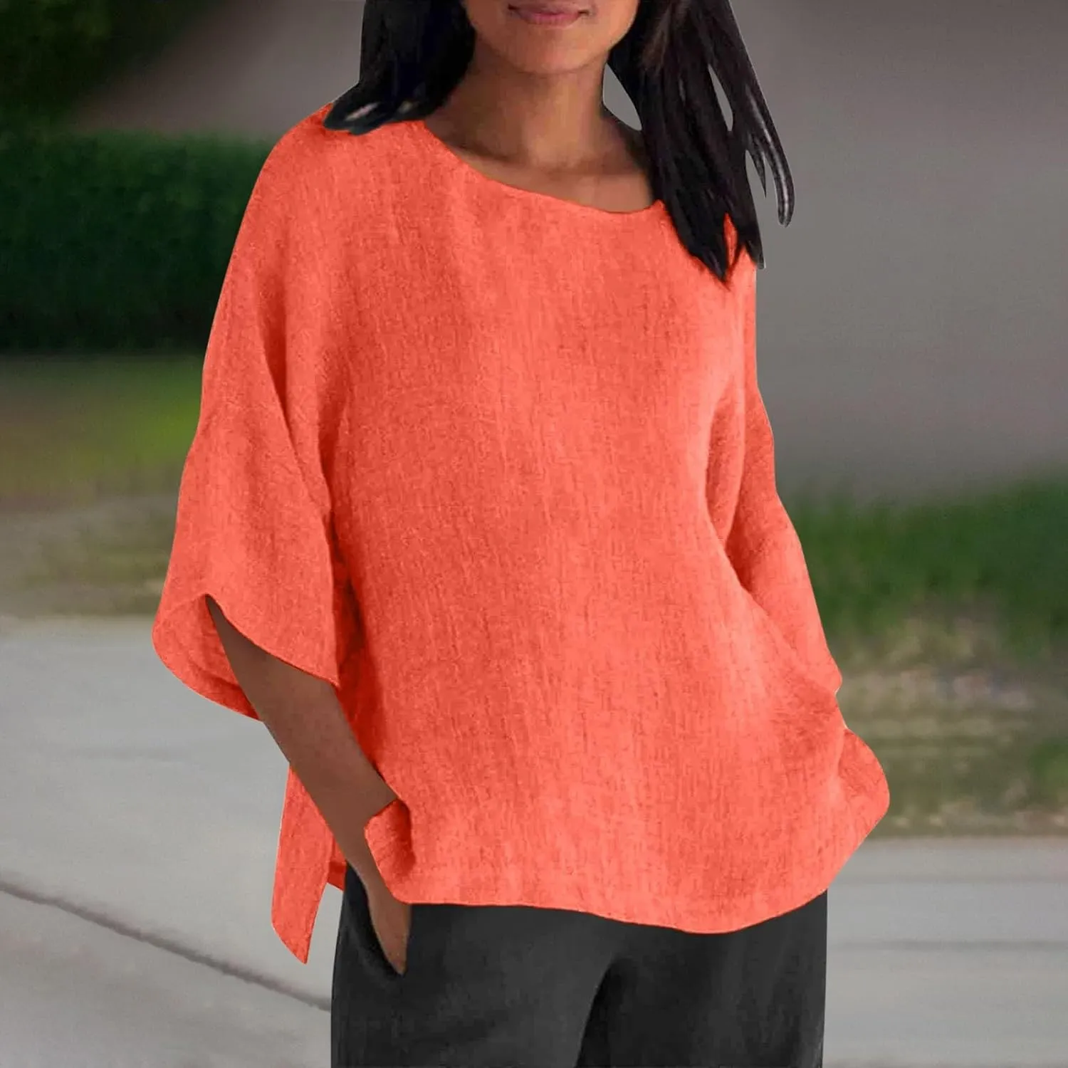 Women's Short Sleeve Linen Shirts Casual V-Neck Plus Size T-Shirts Button Down Loose Summer Tee Shirts