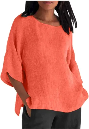 Women's Short Sleeve Linen Shirts Casual V-Neck Plus Size T-Shirts Button Down Loose Summer Tee Shirts