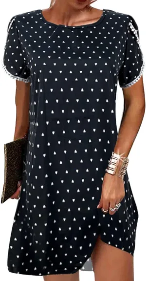 Womens Short Sleeve Tshirt Dress Summer Casual Crewneck Lace Trim Tunic Dress Loose Fit Floral Flowy Beach Sundress