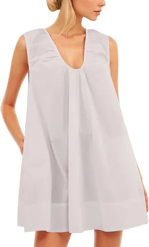 Women's Sleeveless Babydoll Mini Dress Ruched Scoop Neck & Flowy for Summer Parties Preppy Style with Pockets