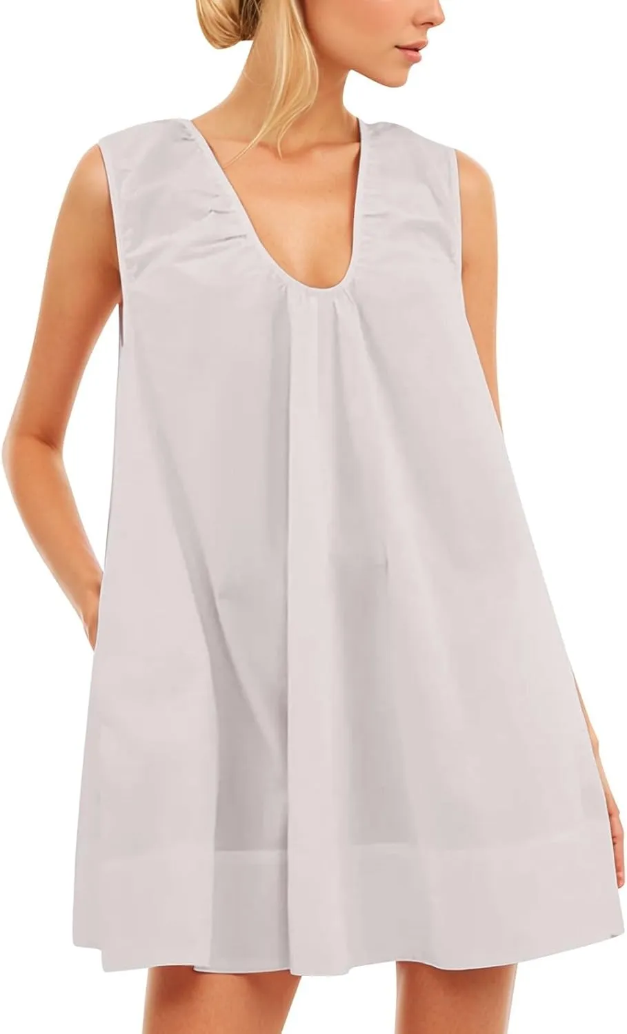 Women's Sleeveless Babydoll Mini Dress Ruched Scoop Neck & Flowy for Summer Parties Preppy Style with Pockets