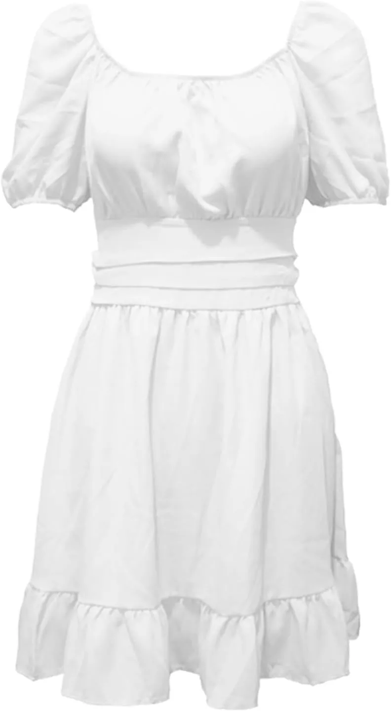 Women's Smocked Ruffle Mini Dress Mesh Long Sleeve Square Neck Party Dresses Flowy Casual A Line Summer Skirt
