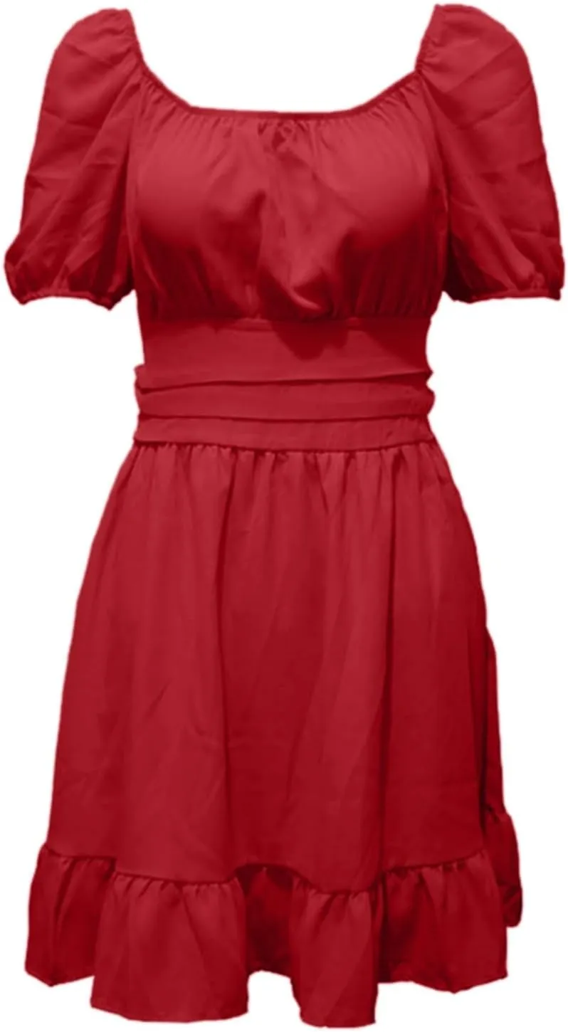 Women's Smocked Ruffle Mini Dress Mesh Long Sleeve Square Neck Party Dresses Flowy Casual A Line Summer Skirt