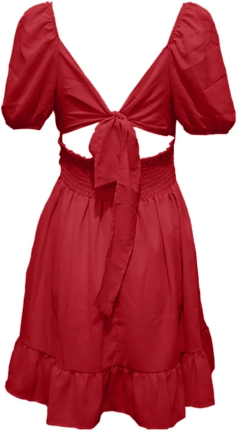 Women's Smocked Ruffle Mini Dress Mesh Long Sleeve Square Neck Party Dresses Flowy Casual A Line Summer Skirt