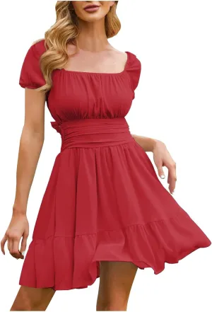 Women's Smocked Ruffle Mini Dress Mesh Long Sleeve Square Neck Party Dresses Flowy Casual A Line Summer Skirt