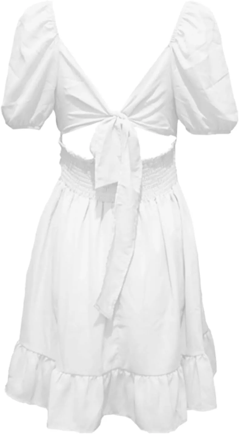 Women's Smocked Ruffle Mini Dress Mesh Long Sleeve Square Neck Party Dresses Flowy Casual A Line Summer Skirt