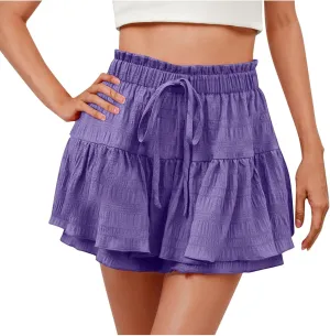 Women's Solid Color Ruffled Hem Drawstring Skirt Shorts Casual Boho Tiered Skorts Going Out High Waisted Skirts
