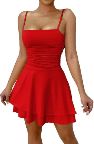 Women's Spaghetti Strap Maxi Dresses Square Neck Ruched Layered Flowy Dress Casual Ruffle Hem A-Line Mini Dress