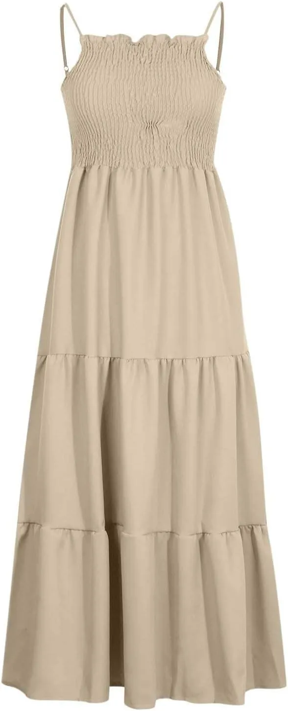 Women's Spaghetti Straps Maxi Dresses Smocked Sleeveless Summer Dress Ruffle Tiered Swing Flowy Boho Long Sundress