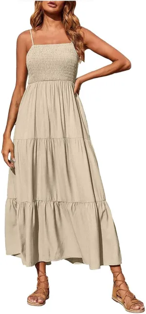 Women's Spaghetti Straps Maxi Dresses Smocked Sleeveless Summer Dress Ruffle Tiered Swing Flowy Boho Long Sundress