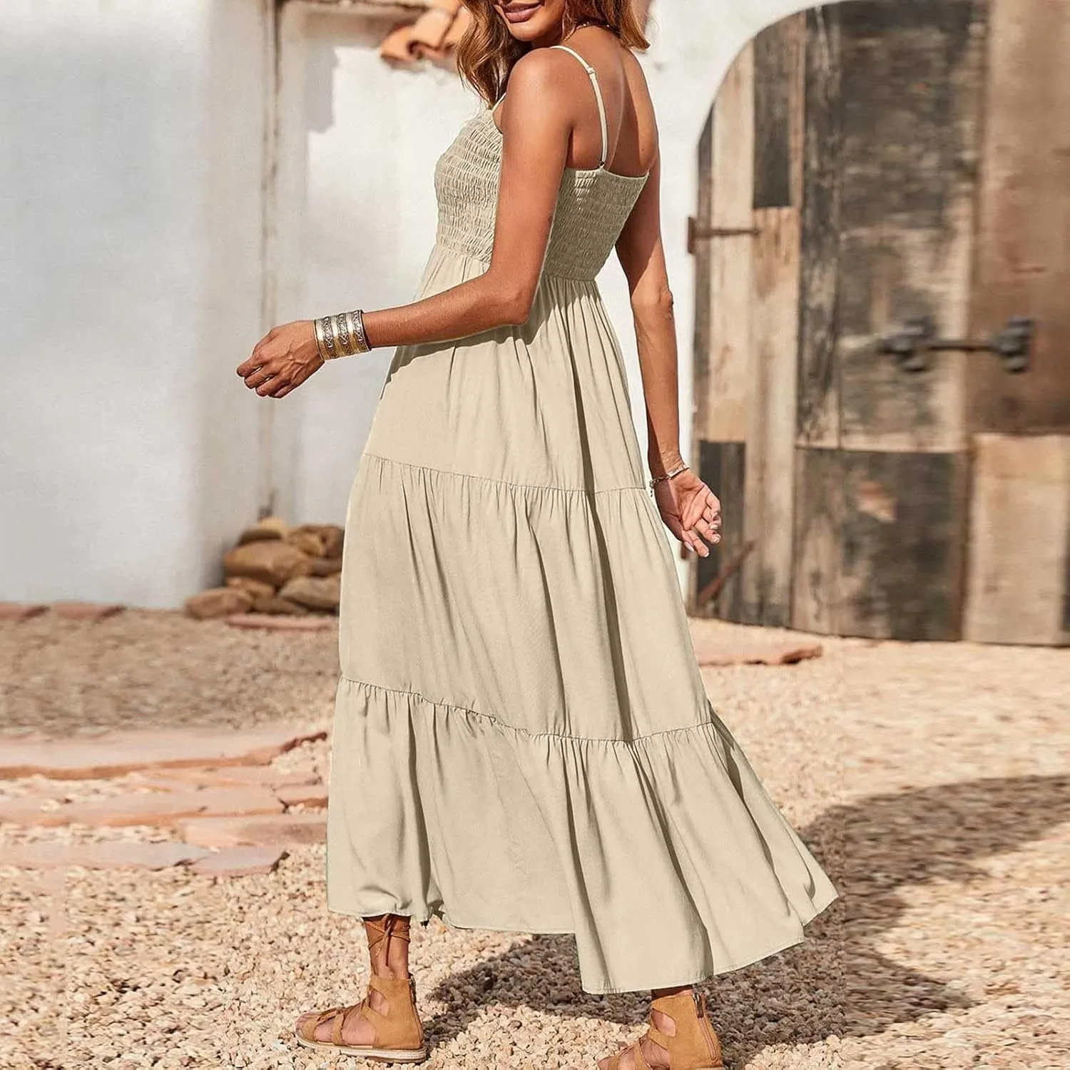 Women's Spaghetti Straps Maxi Dresses Smocked Sleeveless Summer Dress Ruffle Tiered Swing Flowy Boho Long Sundress