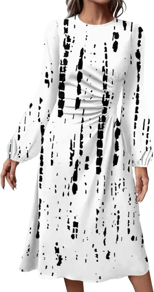 Womens Spring Dresses 2025 Long Sleeve Midi O Neck Work Modest Boho Casual Waist Fashion Dress