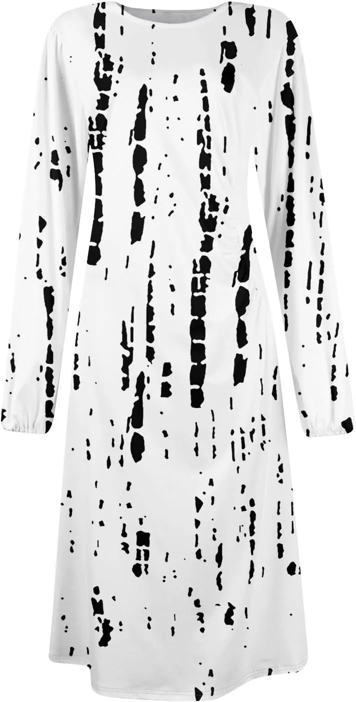 Womens Spring Dresses 2025 Long Sleeve Midi O Neck Work Modest Boho Casual Waist Fashion Dress