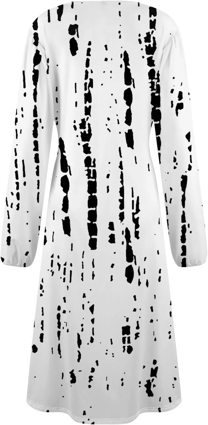 Womens Spring Dresses 2025 Long Sleeve Midi O Neck Work Modest Boho Casual Waist Fashion Dress
