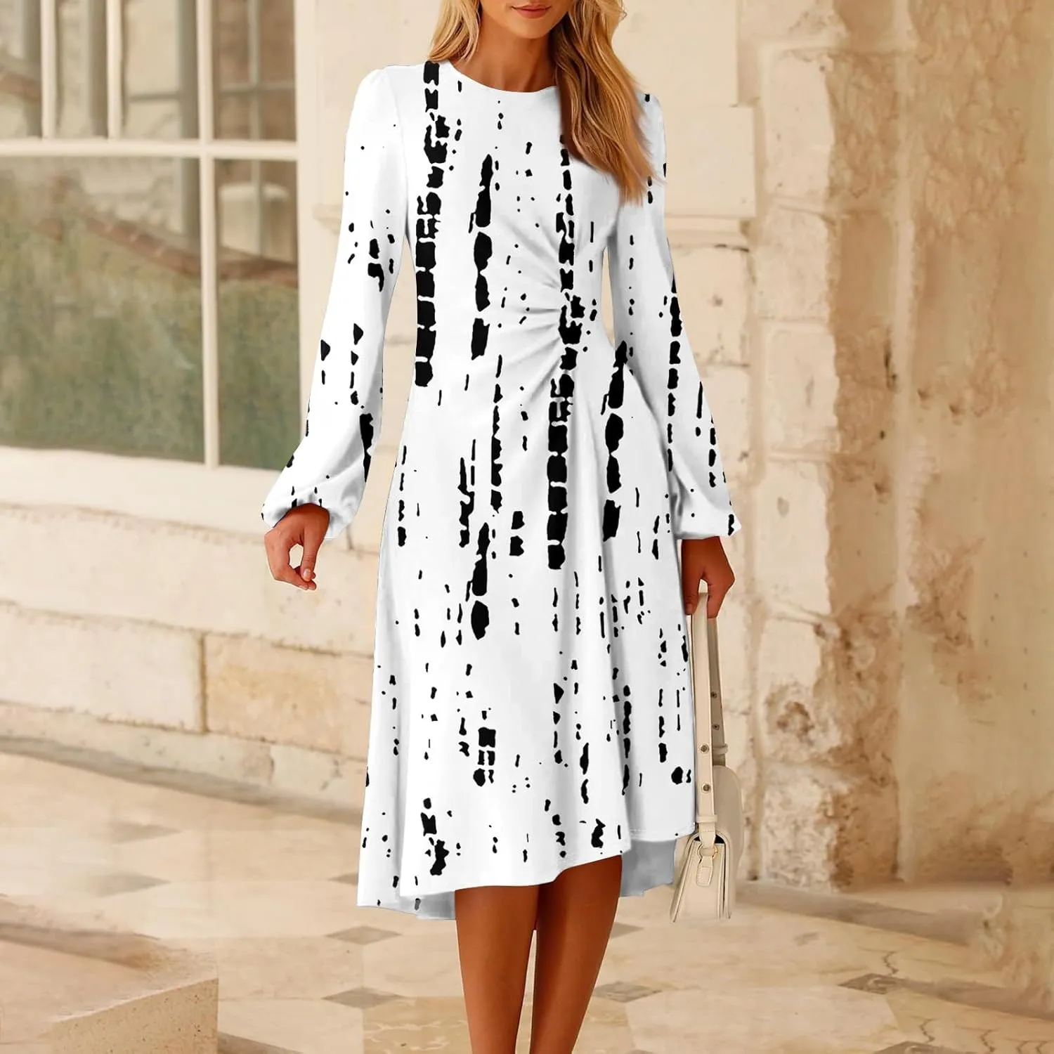 Womens Spring Dresses 2025 Long Sleeve Midi O Neck Work Modest Boho Casual Waist Fashion Dress
