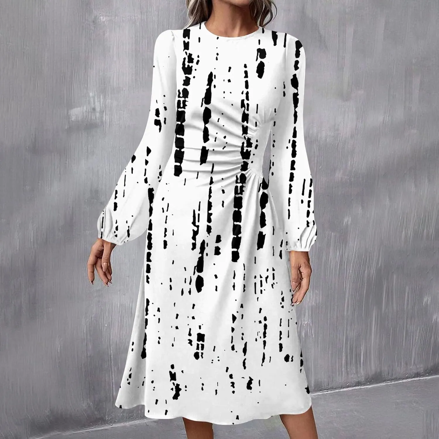 Womens Spring Dresses 2025 Long Sleeve Midi O Neck Work Modest Boho Casual Waist Fashion Dress
