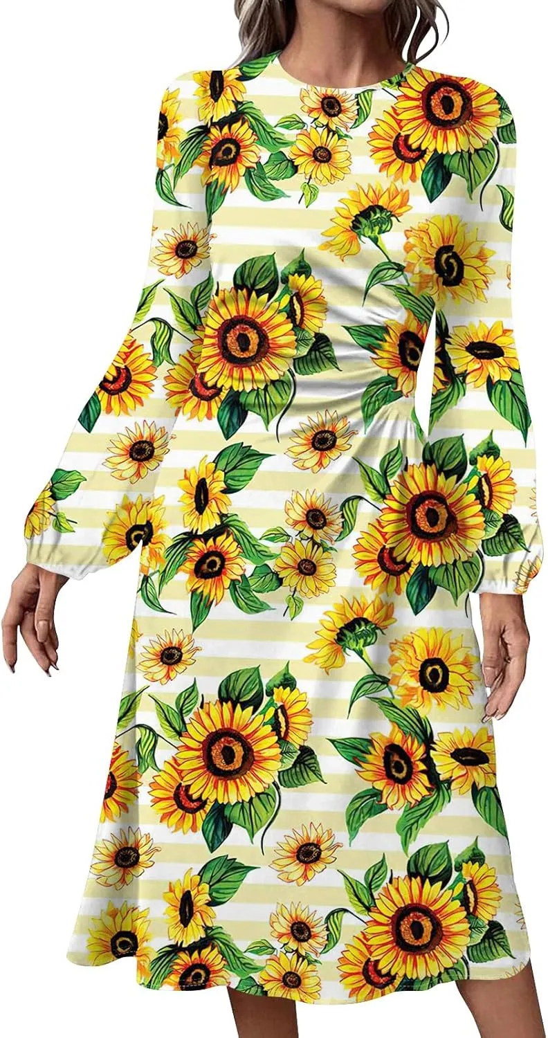 Womens Spring Dresses 2025 O Neck Midi Long Sleeve Teens Vacation Casual Flowy Office Fashion Dress