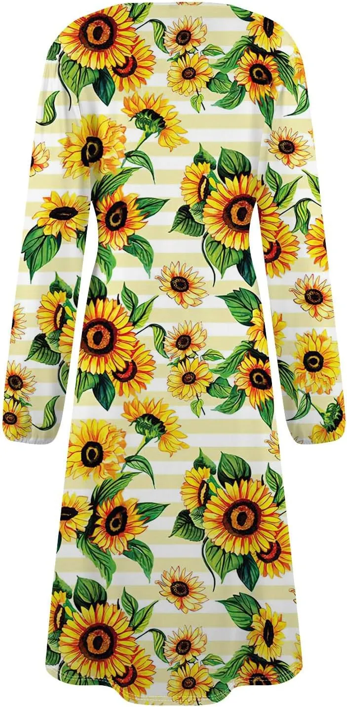 Womens Spring Dresses 2025 O Neck Midi Long Sleeve Teens Vacation Casual Flowy Office Fashion Dress