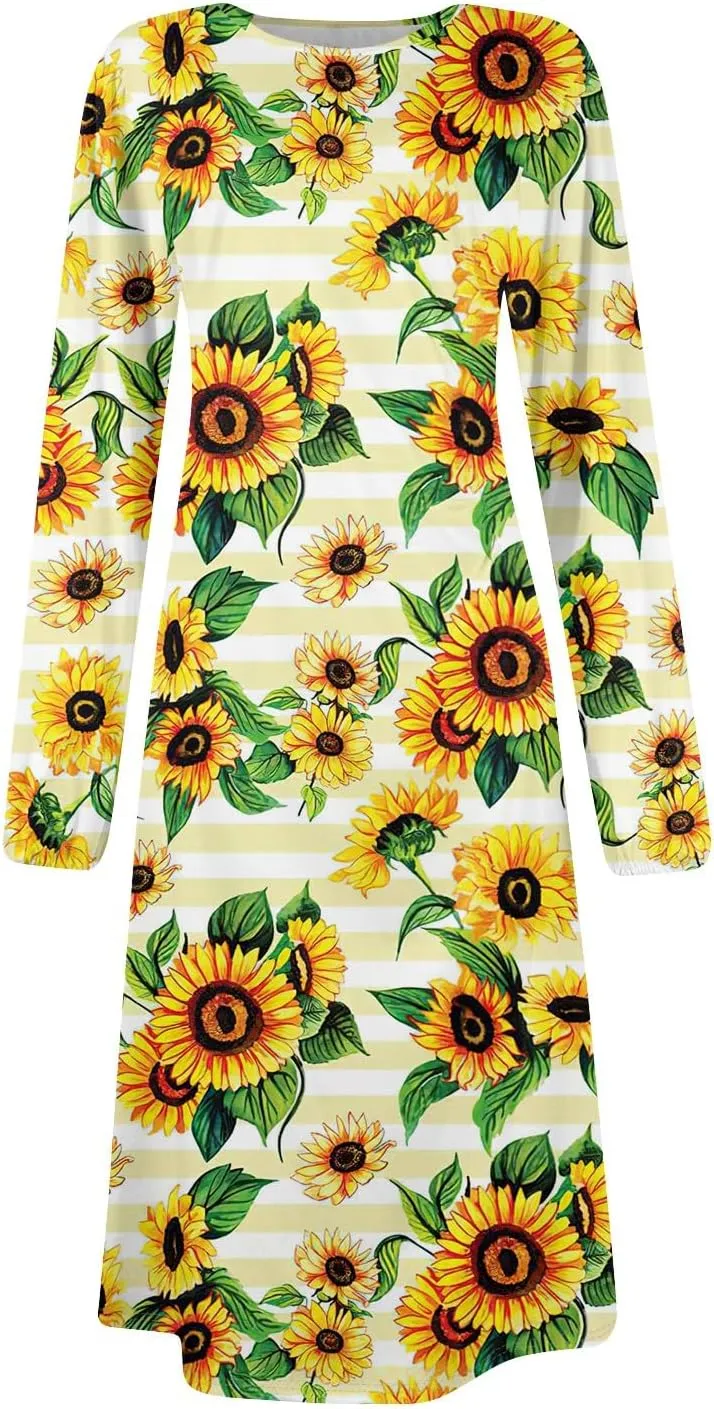 Womens Spring Dresses 2025 O Neck Midi Long Sleeve Teens Vacation Casual Flowy Office Fashion Dress