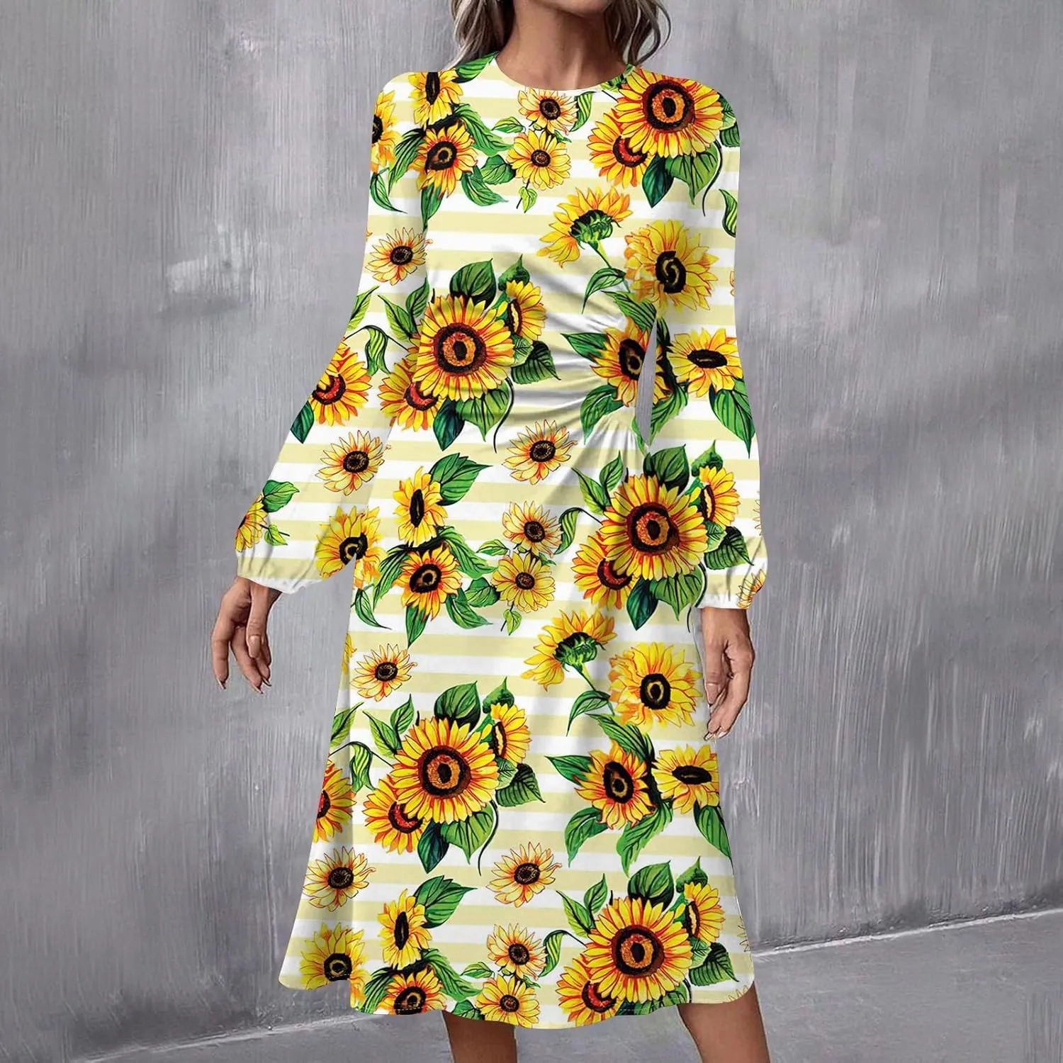 Womens Spring Dresses 2025 O Neck Midi Long Sleeve Teens Vacation Casual Flowy Office Fashion Dress