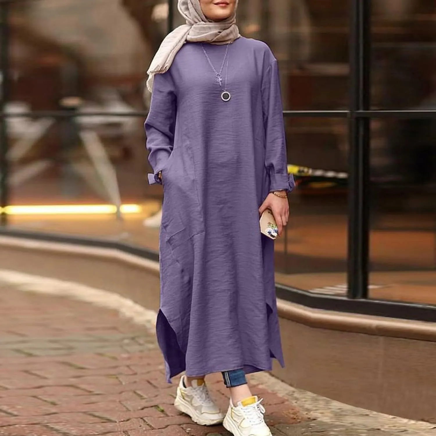 Women's Spring Dresses 2025 Summer Casual Trendy Loose Long Sleeve Crew Neck Solid Maxi Muslim Dresses, S-XL