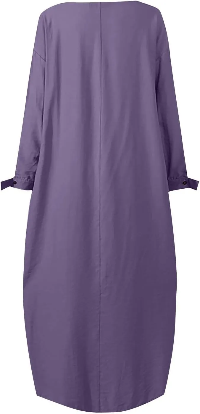 Women's Spring Dresses 2025 Summer Casual Trendy Loose Long Sleeve Crew Neck Solid Maxi Muslim Dresses, S-XL