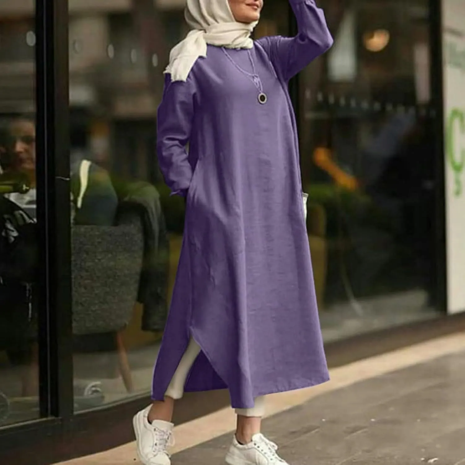 Women's Spring Dresses 2025 Summer Casual Trendy Loose Long Sleeve Crew Neck Solid Maxi Muslim Dresses, S-XL