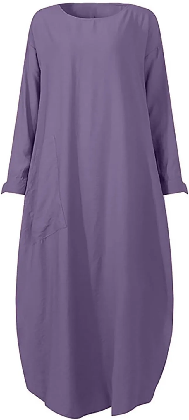 Women's Spring Dresses 2025 Summer Casual Trendy Loose Long Sleeve Crew Neck Solid Maxi Muslim Dresses, S-XL