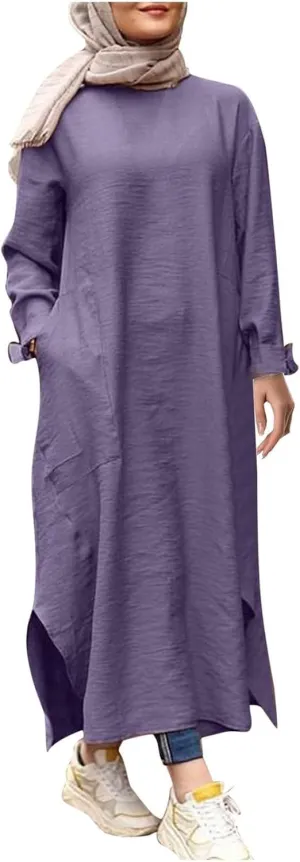 Women's Spring Dresses 2025 Summer Casual Trendy Loose Long Sleeve Crew Neck Solid Maxi Muslim Dresses, S-XL