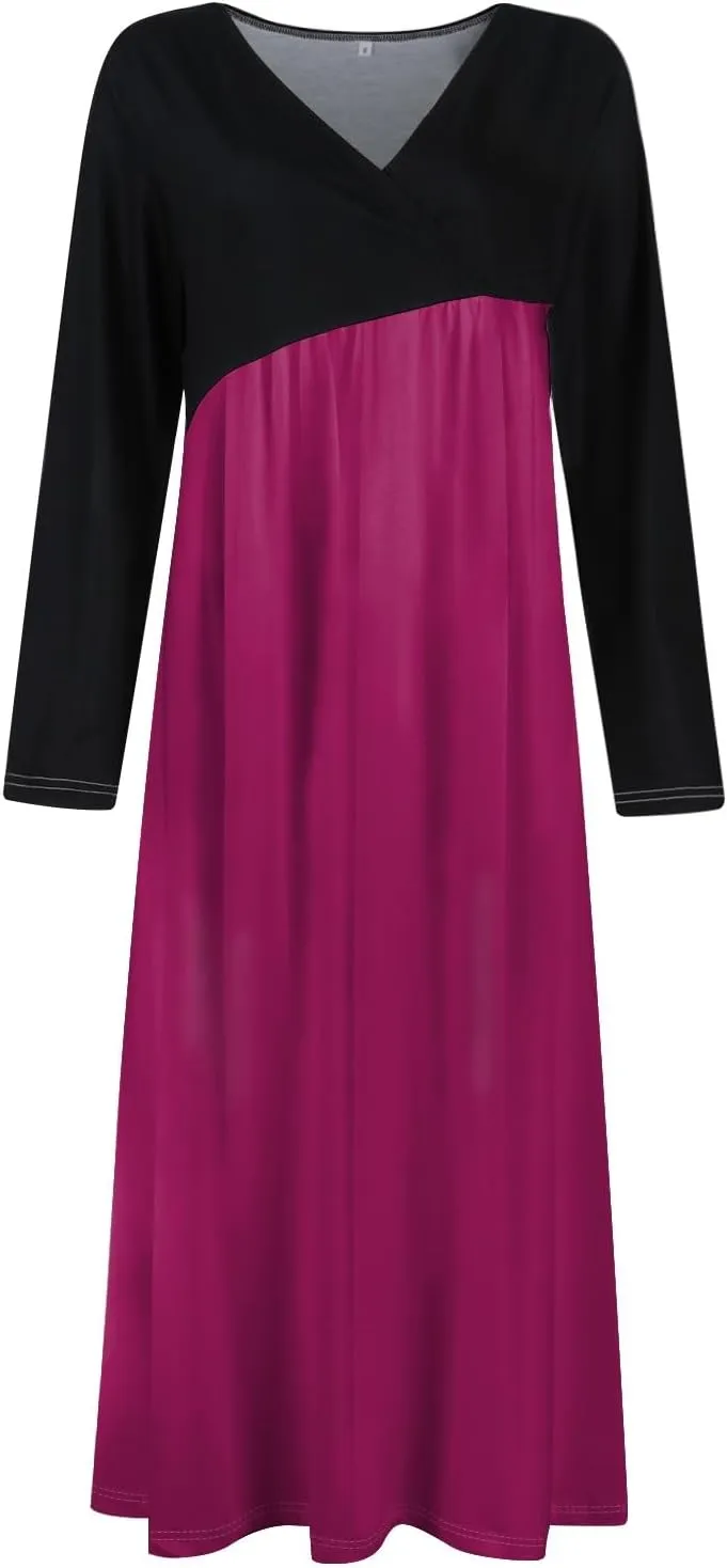 Womens Spring Dresses 2025 V Neck Midi Long Sleeve Modest Boho Flowy Vacation Cruise Western Dress