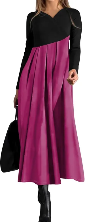 Womens Spring Dresses 2025 V Neck Midi Long Sleeve Modest Boho Flowy Vacation Cruise Western Dress