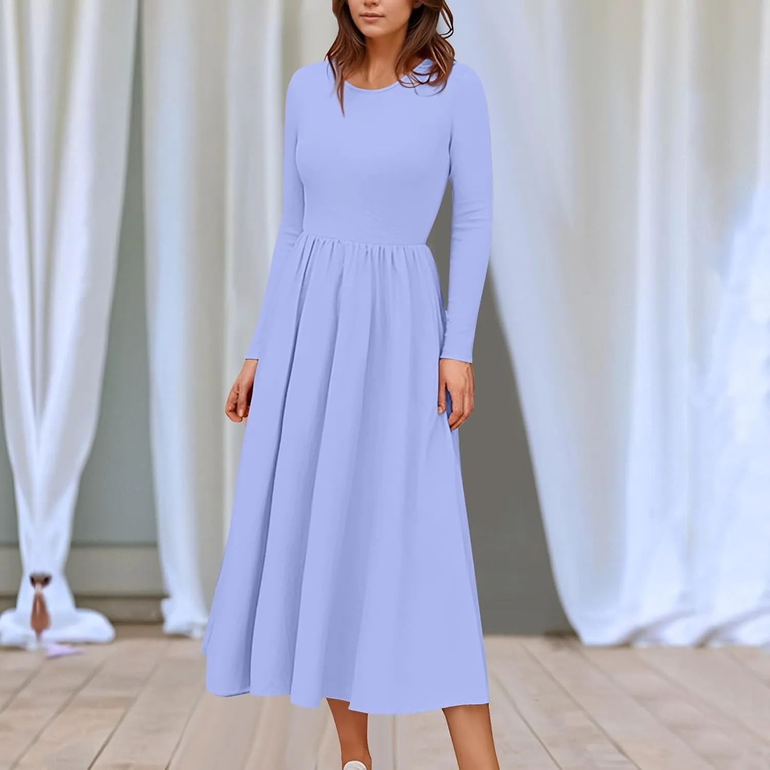 Womens Spring Fashion 2025 Dress Long Sleeve O Neck Midi Modest Boho Summer Teens Western Curvy Dress