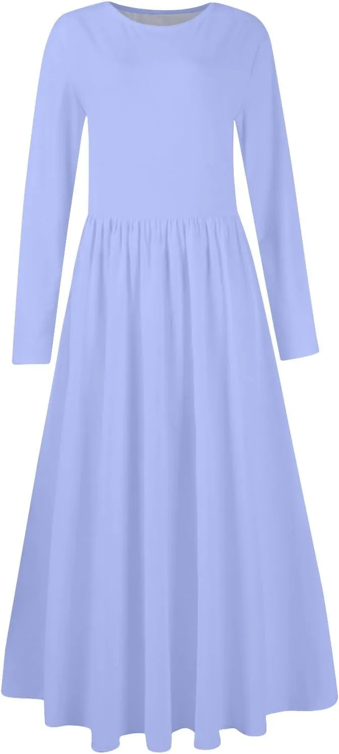 Womens Spring Fashion 2025 Dress Long Sleeve O Neck Midi Modest Boho Summer Teens Western Curvy Dress