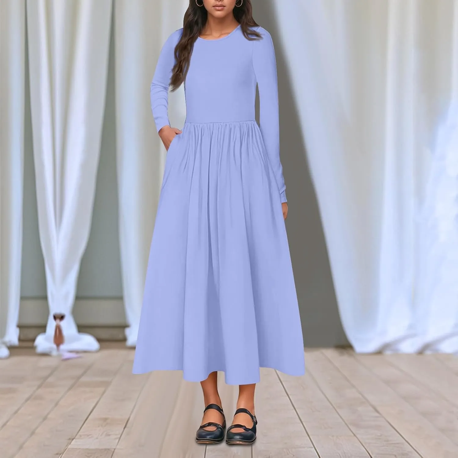 Womens Spring Fashion 2025 Dress Long Sleeve O Neck Midi Modest Boho Summer Teens Western Curvy Dress