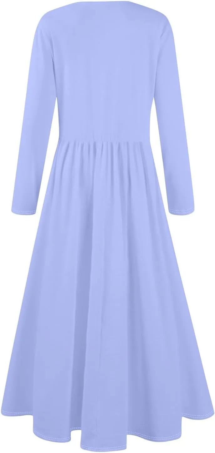 Womens Spring Fashion 2025 Dress Long Sleeve O Neck Midi Modest Boho Summer Teens Western Curvy Dress