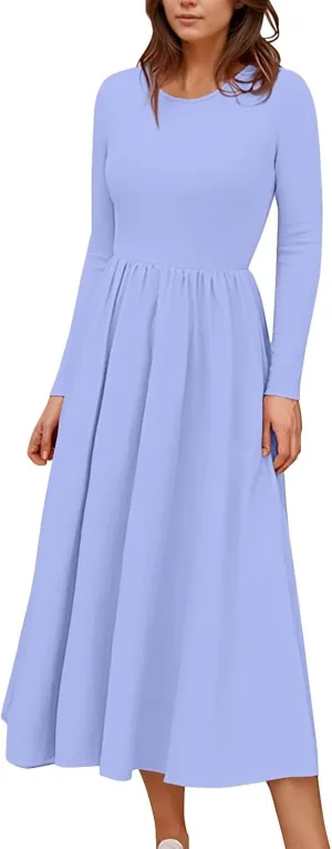 Womens Spring Fashion 2025 Dress Long Sleeve O Neck Midi Modest Boho Summer Teens Western Curvy Dress