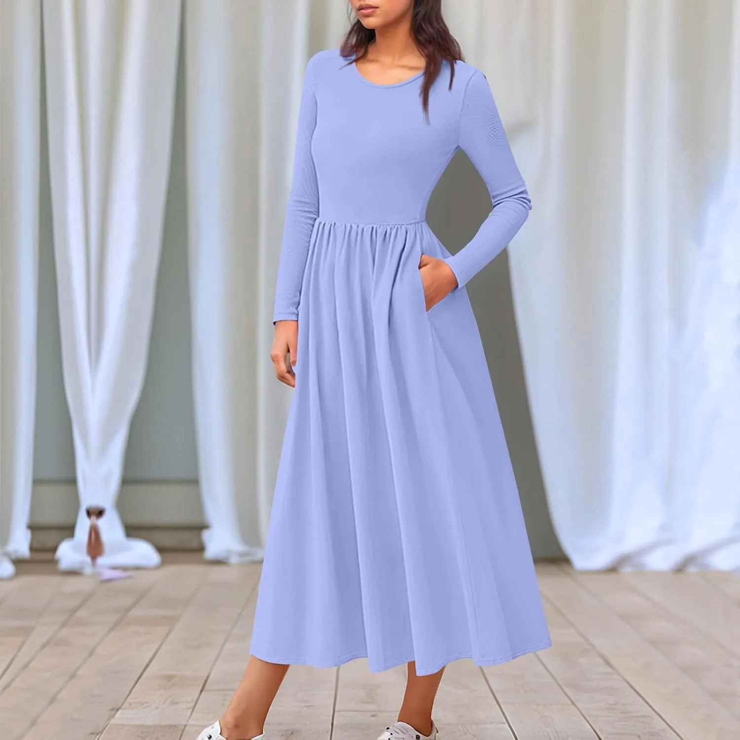 Womens Spring Fashion 2025 Dress Long Sleeve O Neck Midi Modest Boho Summer Teens Western Curvy Dress