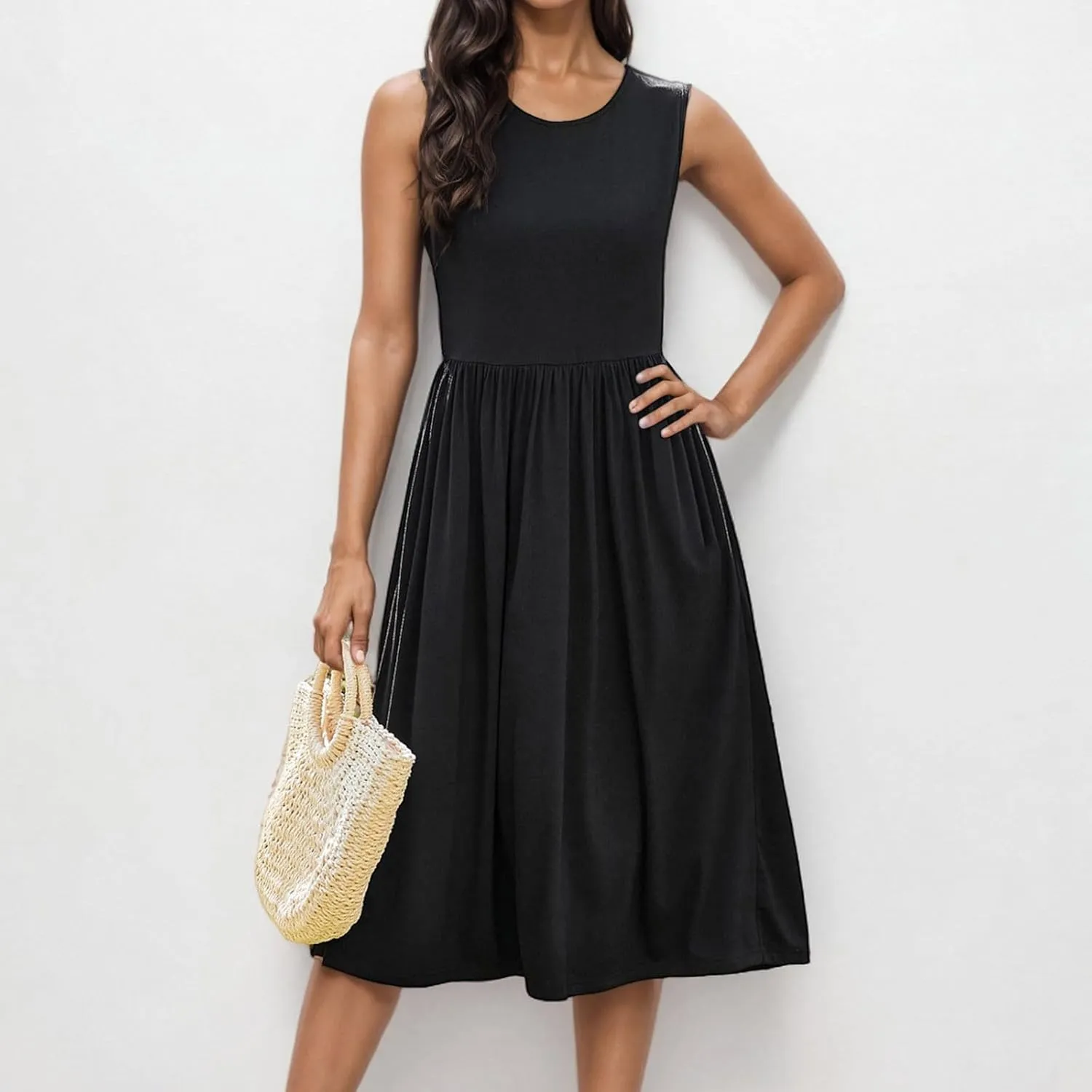 Womens Spring Summer Dresses Floral Print Crewneck Maxi Dress Sleeveless Beach Sundress Loose Casual Dress
