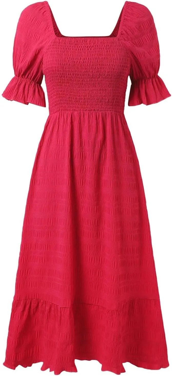Womens Square Neck Ruffle Hem Maxi Dress Summer Puff Sleeve A Line Long Dress Ruffle Hem Casual Vacation Dresses