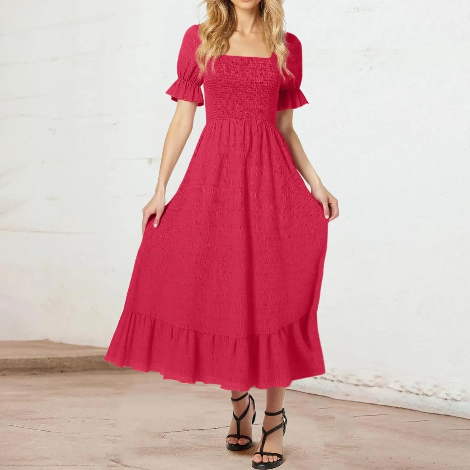 Womens Square Neck Ruffle Hem Maxi Dress Summer Puff Sleeve A Line Long Dress Ruffle Hem Casual Vacation Dresses