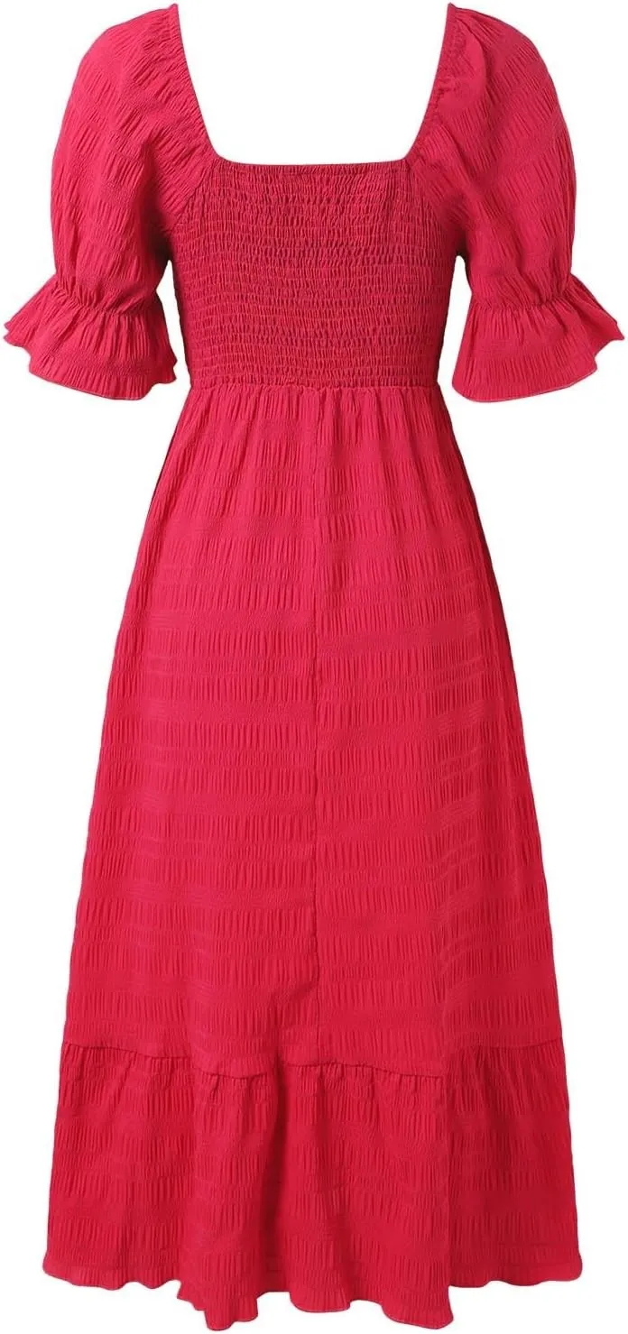 Womens Square Neck Ruffle Hem Maxi Dress Summer Puff Sleeve A Line Long Dress Ruffle Hem Casual Vacation Dresses