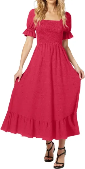 Womens Square Neck Ruffle Hem Maxi Dress Summer Puff Sleeve A Line Long Dress Ruffle Hem Casual Vacation Dresses