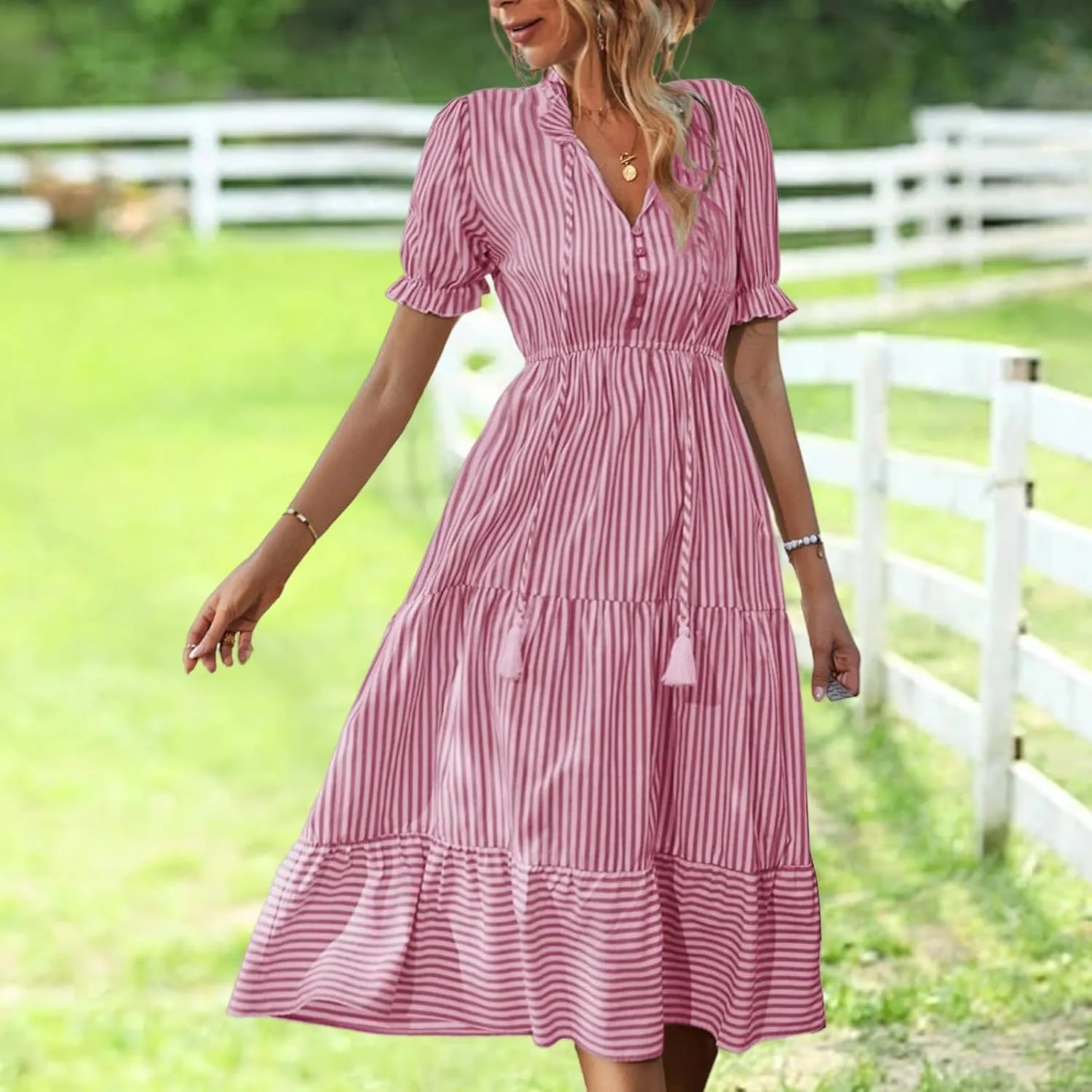 Womens Striped Dress Casual V Neck Button Down Short Sleeve Midi Dress Summer Comfy Tunic Tiered Ruffle Hem Sundress