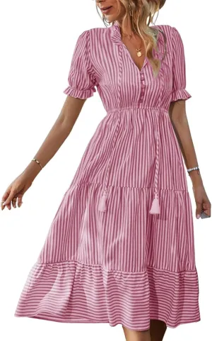 Womens Striped Dress Casual V Neck Button Down Short Sleeve Midi Dress Summer Comfy Tunic Tiered Ruffle Hem Sundress