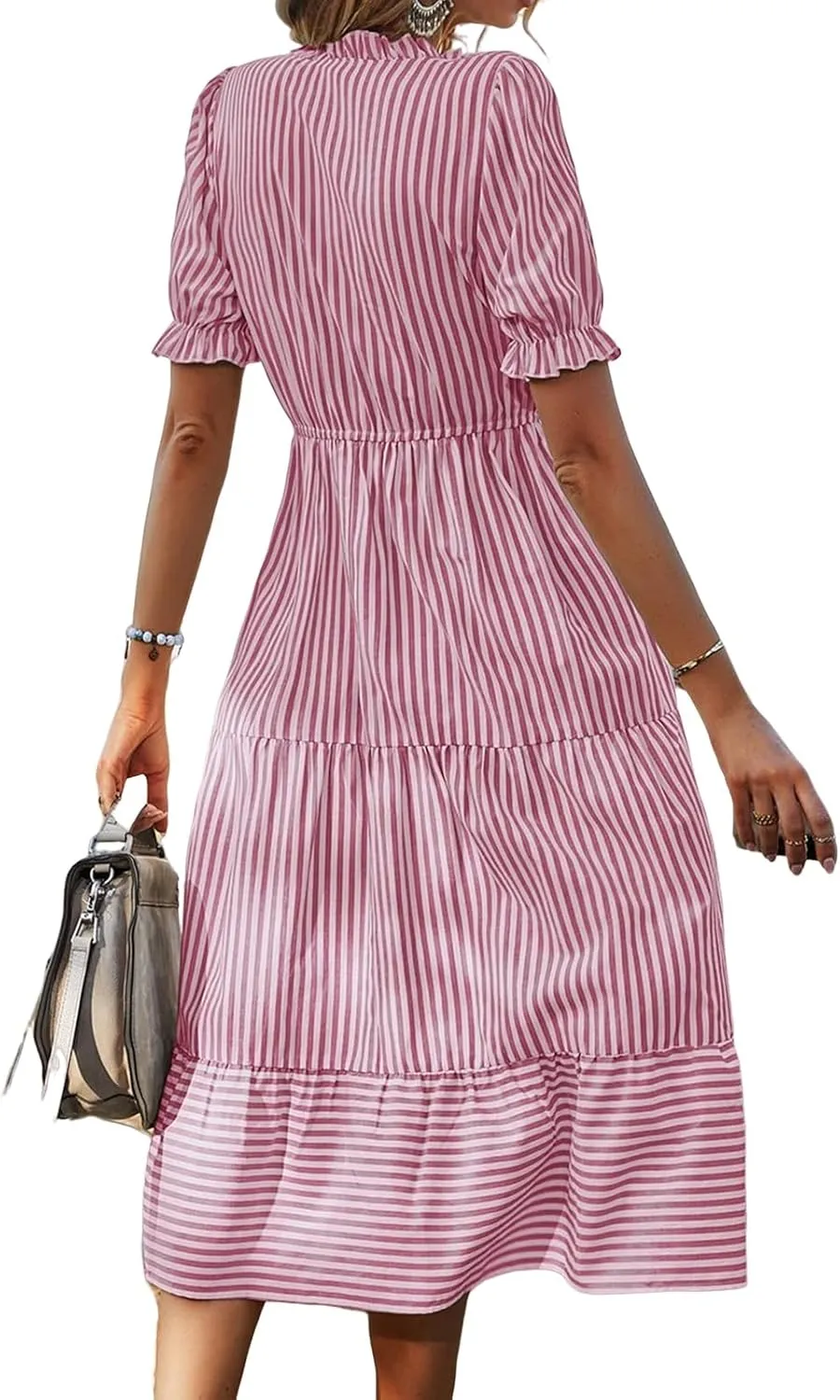 Womens Striped Dress Casual V Neck Button Down Short Sleeve Midi Dress Summer Comfy Tunic Tiered Ruffle Hem Sundress
